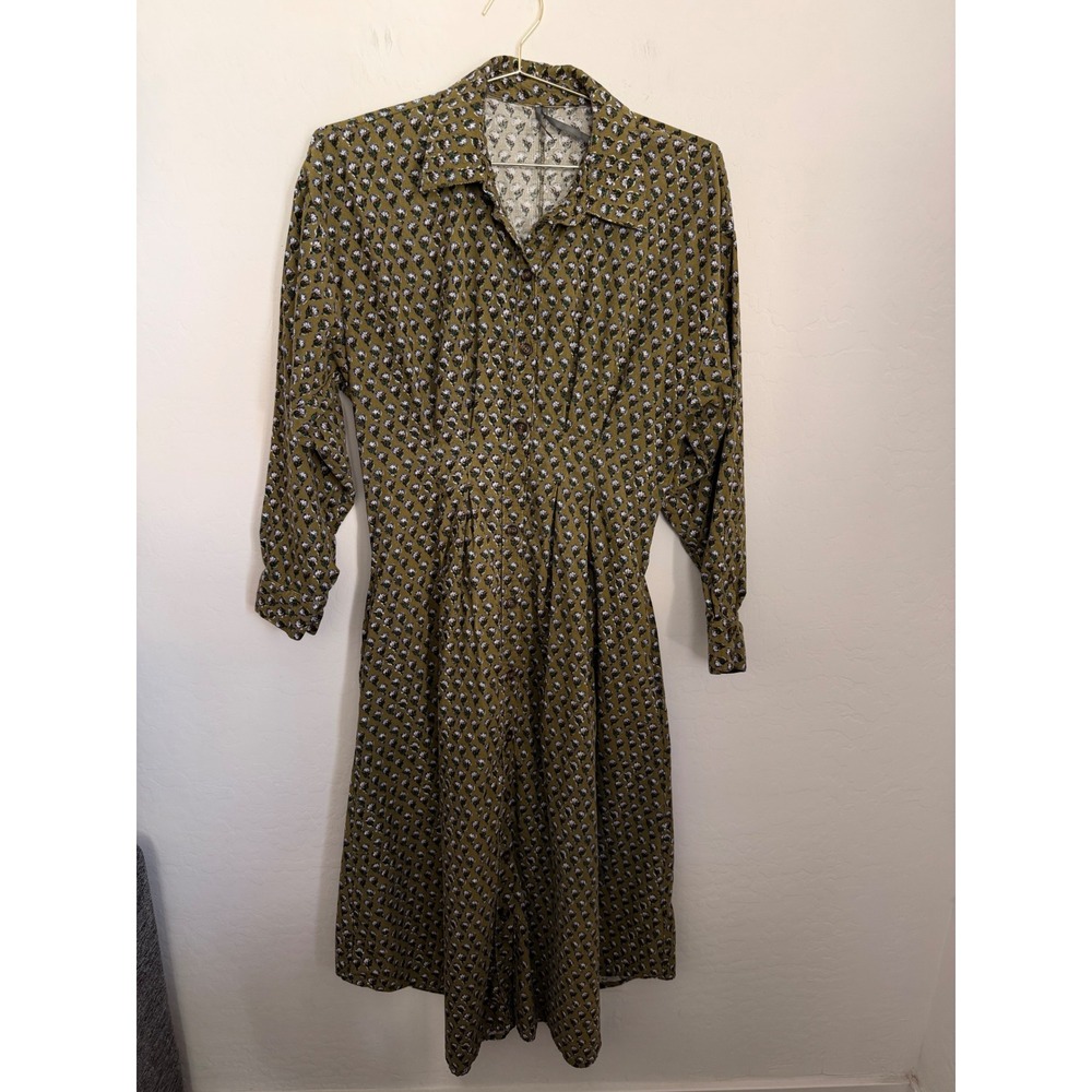 Anthropologie Olive Green Thistle Print Corduroy Midi Boho Dress Button Up Sz 6